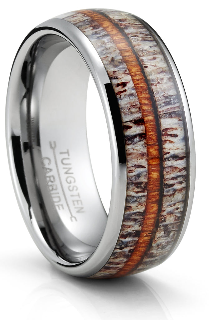Men's Black Tungsten Ring Wedding Band Deer Antler Whiskey Barrel Wood 8MM Comfort-Fit