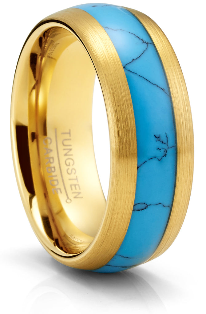 Men's Black Tungsten Ring Wedding Band Goldtone Real Blue Turquoise Inlay Dome 8MM Comfort-Fit