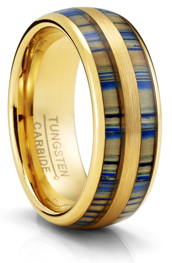 Men's Black Tungsten Ring Wedding Band Goldtone Blue Zebra Bamboo Wood Inlay 8MM Comfort-Fit