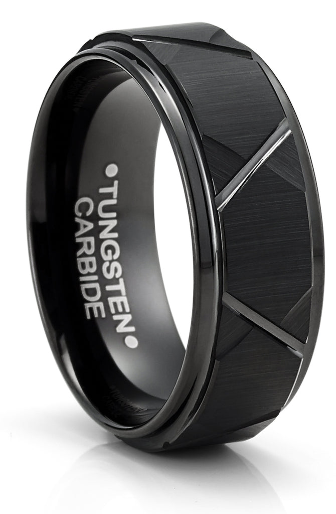 Men's Black Tungsten Ring Wedding Band Black Multi-Faceted 8MM Comfort-Fit