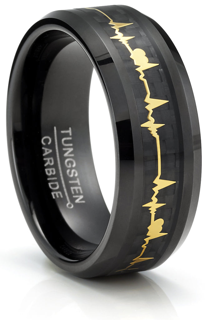 Men's Black Tungsten Ring Wedding Band Black Gold-Tone Heart Beat Carbon Fiber Inlay 8MM Comfort-Fit