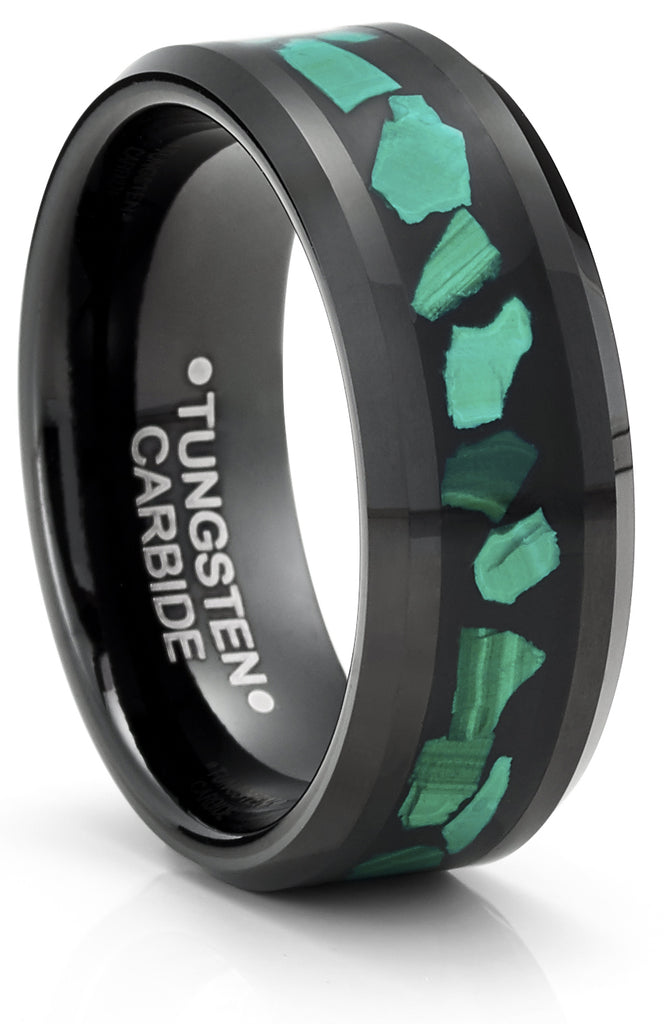 Men's Black Tungsten Ring Wedding Band Green Malachite Inlay 8MM Comfort-Fit