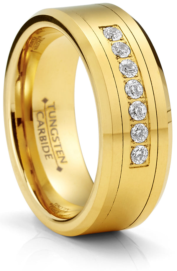 Men's Black Tungsten Ring Wedding Band Goldtone Simulated DIamond CZ Cubic Zirconia 8MM Comfort-Fit