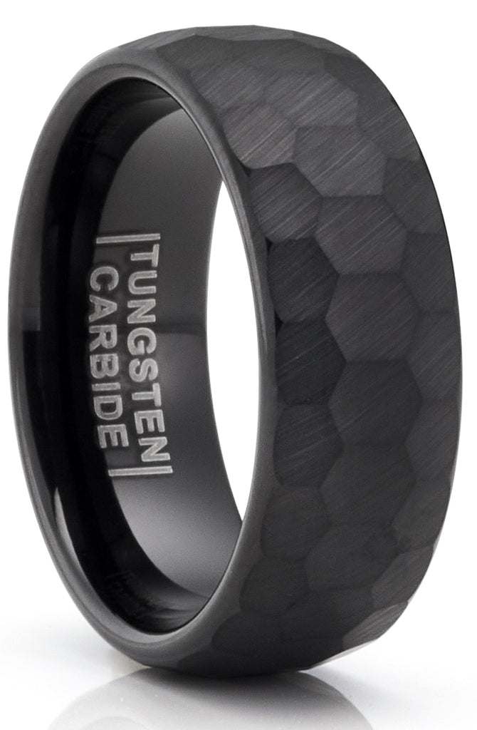 Mens Black Tungsten Wedding Band Hammered Promise Engagement Ring Comfort-Fit 8MM