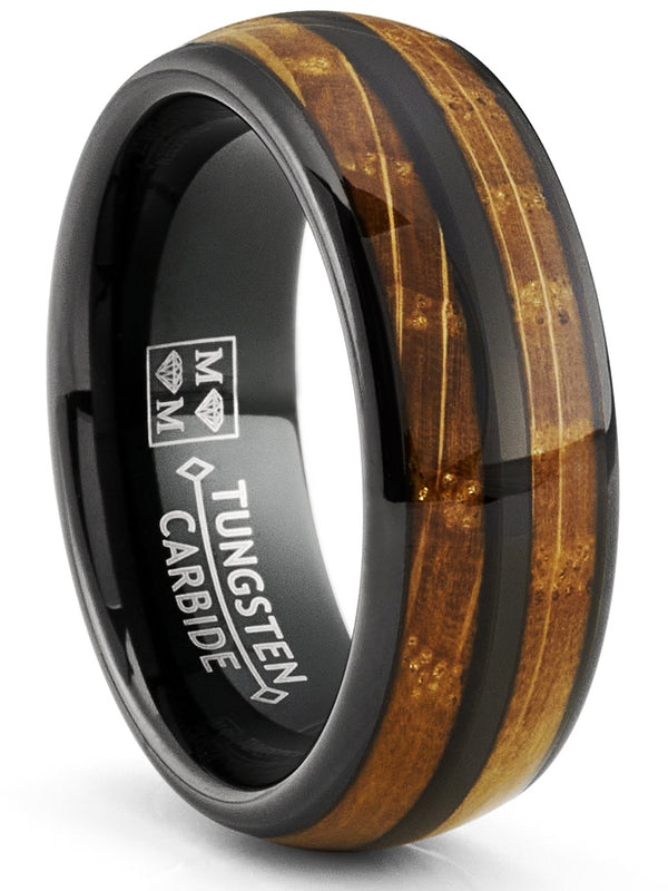 Mens Gunmetal Black Tungsten Engagement Ring Whiskey Barrel Grain Wood Inlay Wedding Band 8MM