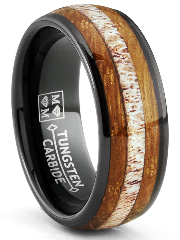 Mens Gunmetal Black Tungsten Engagement Ring Whiskey Barrel Wood Elk Antler Inlay Wedding Band 8MM