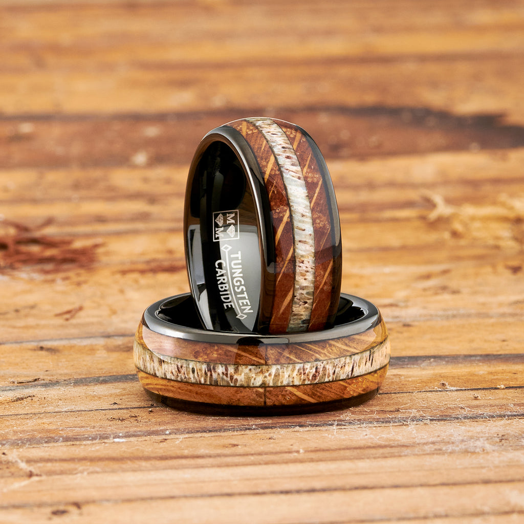 Mens Gunmetal Black Tungsten Engagement Ring Whiskey Barrel Wood Elk Antler Inlay Wedding Band 8MM