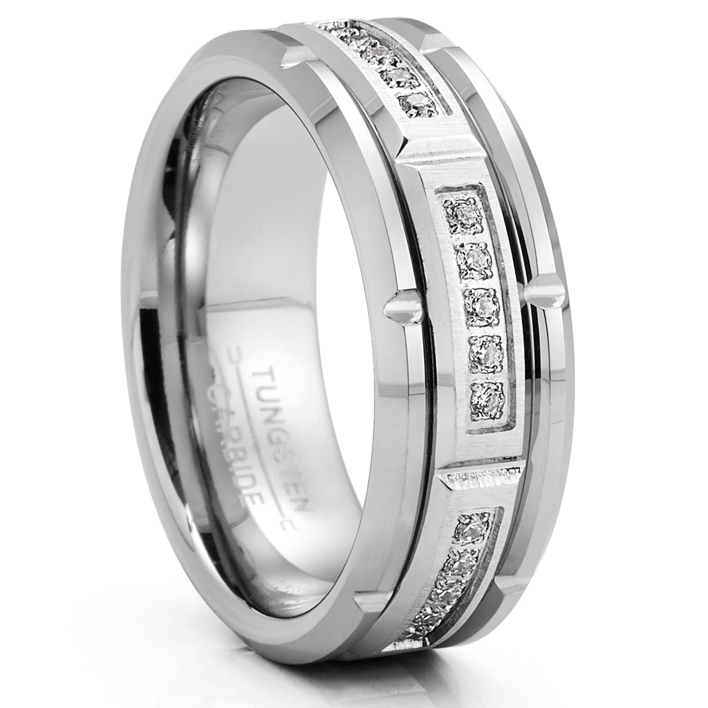 Mens Tungsten Carbide Brick Design Wedding Band Engagement Ring with Cubic Zirconia Comfort-Fit 8MM Silvertone