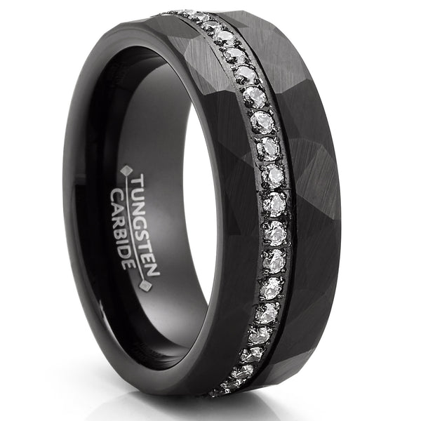 Mens Tungsten Carbide Hammered Black Wedding Band Eternity Engagement Ring Cubic Zirconia Comfort-Fit 8MM