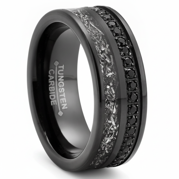 Mens Black Tungsten Carbide Wedding Band Eternity Ring Cubic Zirconia Meteorite Inlay Comfort-Fit 8MM