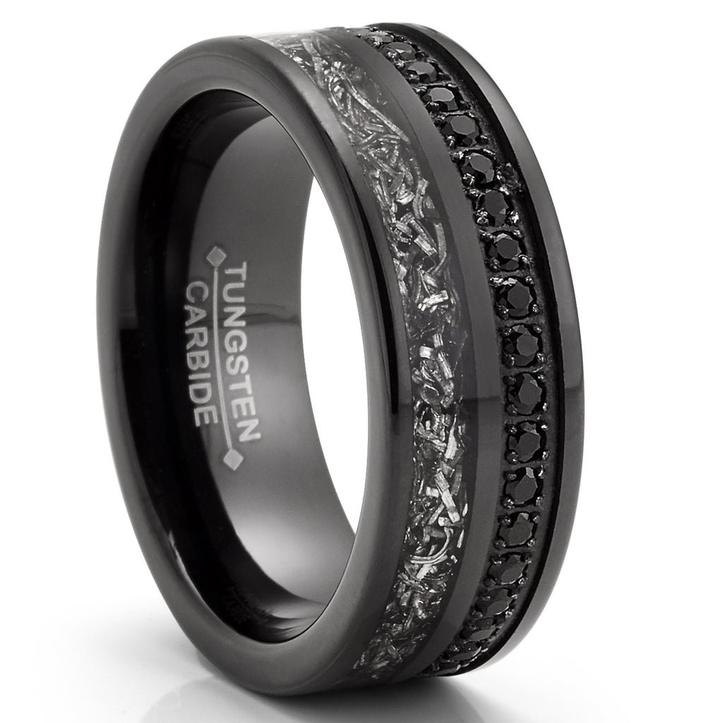 Mens Black Tungsten Carbide Wedding Band Eternity Ring Cubic Zirconia Meteorite Inlay Comfort-Fit 8MM