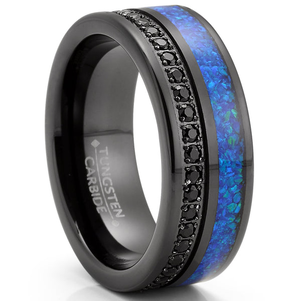 Mens Black Tungsten Carbide Wedding Band Crushed Opal Cubic Zirconia Eternity Ring Comfort-Fit 8MM