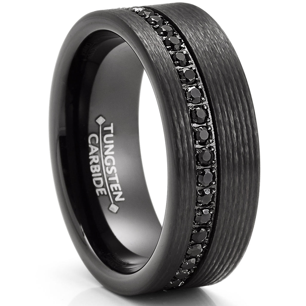 Mens Black Tungsten Carbide Wedding Band Cubic Zirconia Eternity Ring Comfort-Fit 8MM