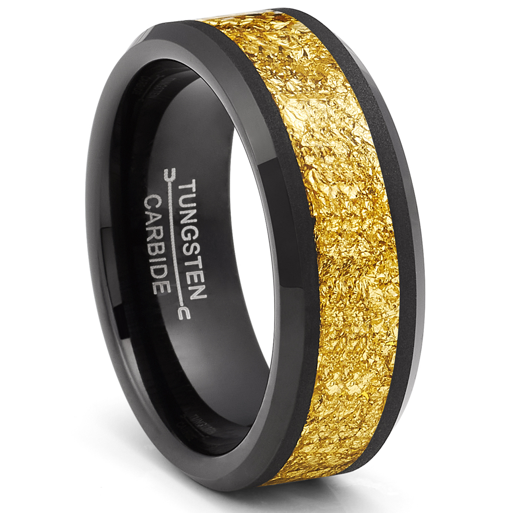 Black Tungsten Carbide Ring Mens Wedding Band Ring Gold Nugget Flakes Inlay 8MM Comfort-Fit