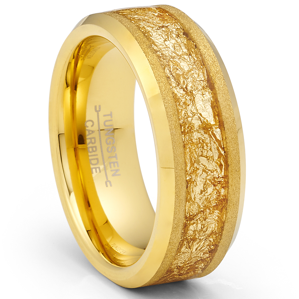 Gold Plated Tungsten Carbide Ring Mens Wedding Band Gold Nugget Flakes Inlay 8MM Comfort-Fit