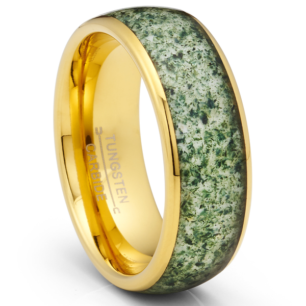 Gold Plated Tungsten Carbide Ring Mens Wedding Band Moss Agate Inlay 8MM Comfort-Fit