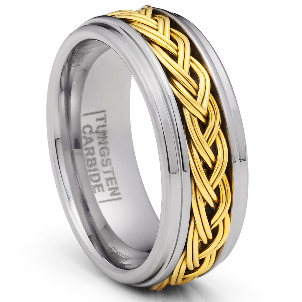 Gold Plated Braided Tungsten Carbide Ring Mens Wedding Band 8MM Comfort-Fit