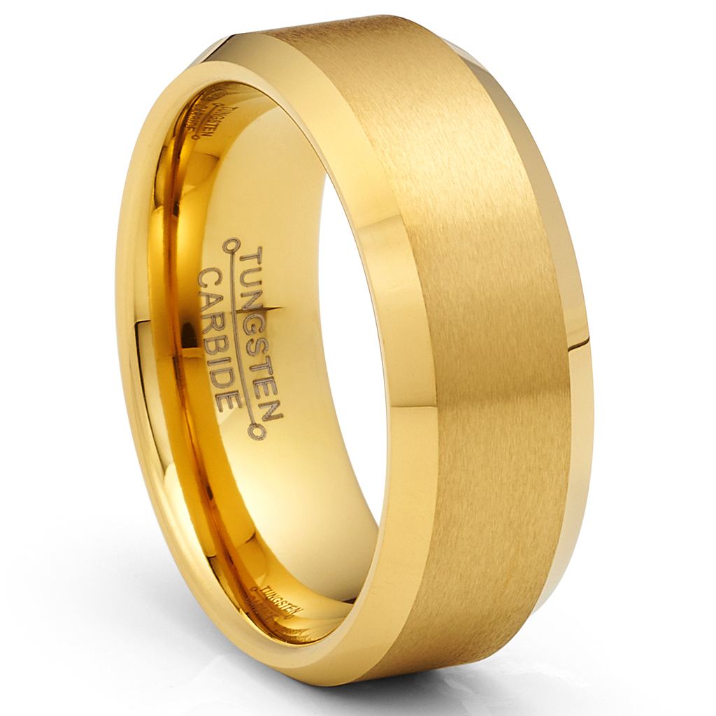 Gold Plated Flat-Top Tungsten Carbide Ring Mens Wedding Band 8MM Comfort-Fit