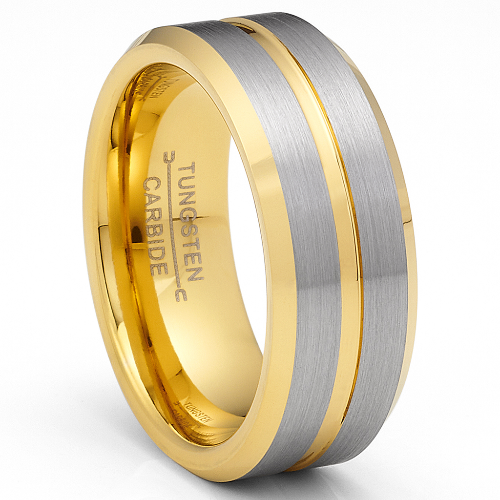 Gold Plated Flat-Top Tungsten Carbide Ring Mens Wedding Band Grooved Center 8MM Comfort-Fit