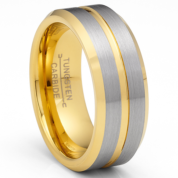 Gold Plated Flat-Top Tungsten Carbide Ring Mens Wedding Band Grooved Center 8MM Comfort-Fit