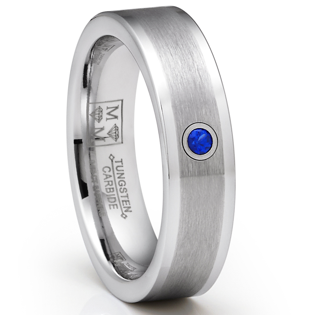 Metal Masters Unisex 18K White Gold Plated Natural Sapphire Tungsten Wedding Band 6MM