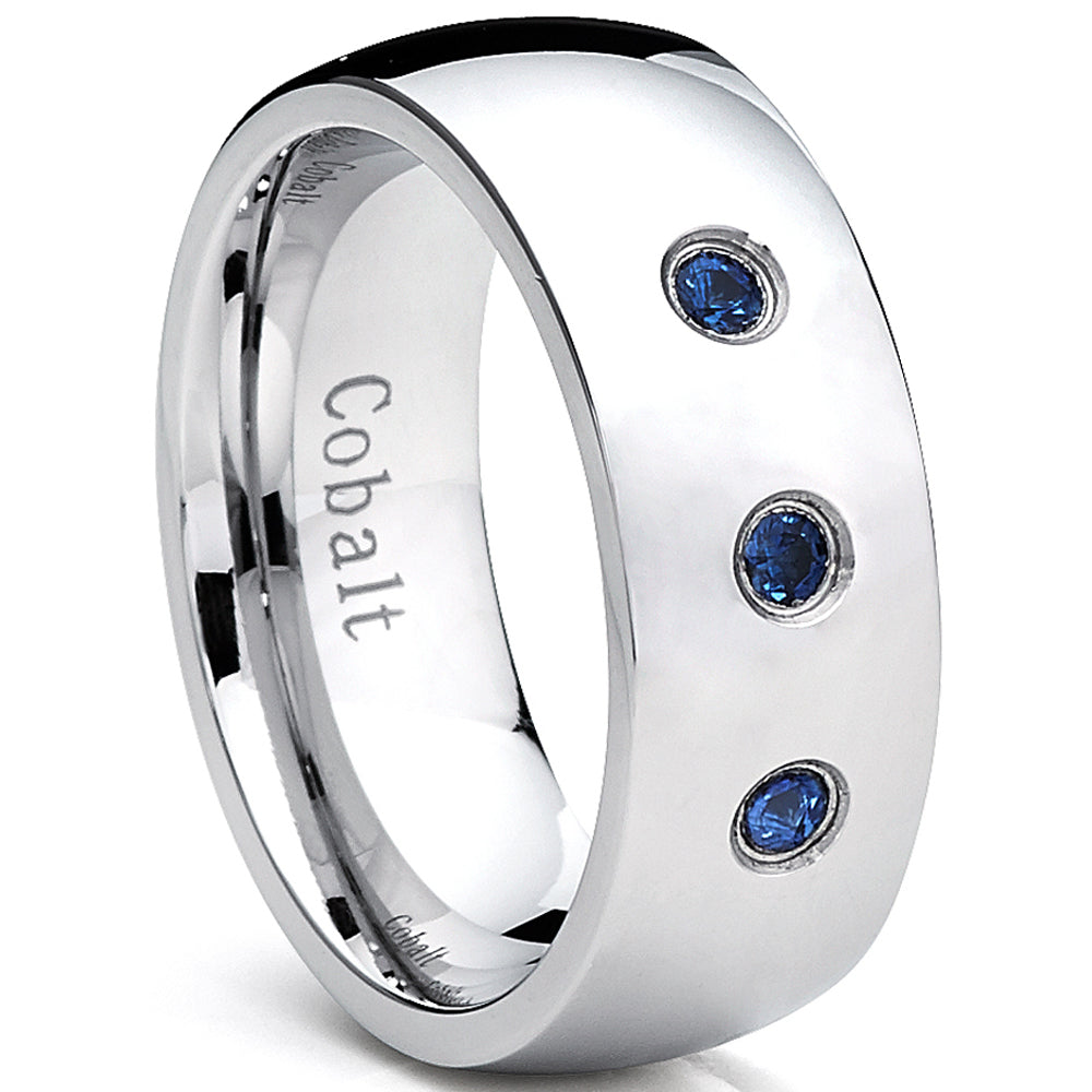 8MM Dome Coblat Men's Ring Wedding Band with Blue Sapphire Stone, Comfort Fit 0.12 TWC