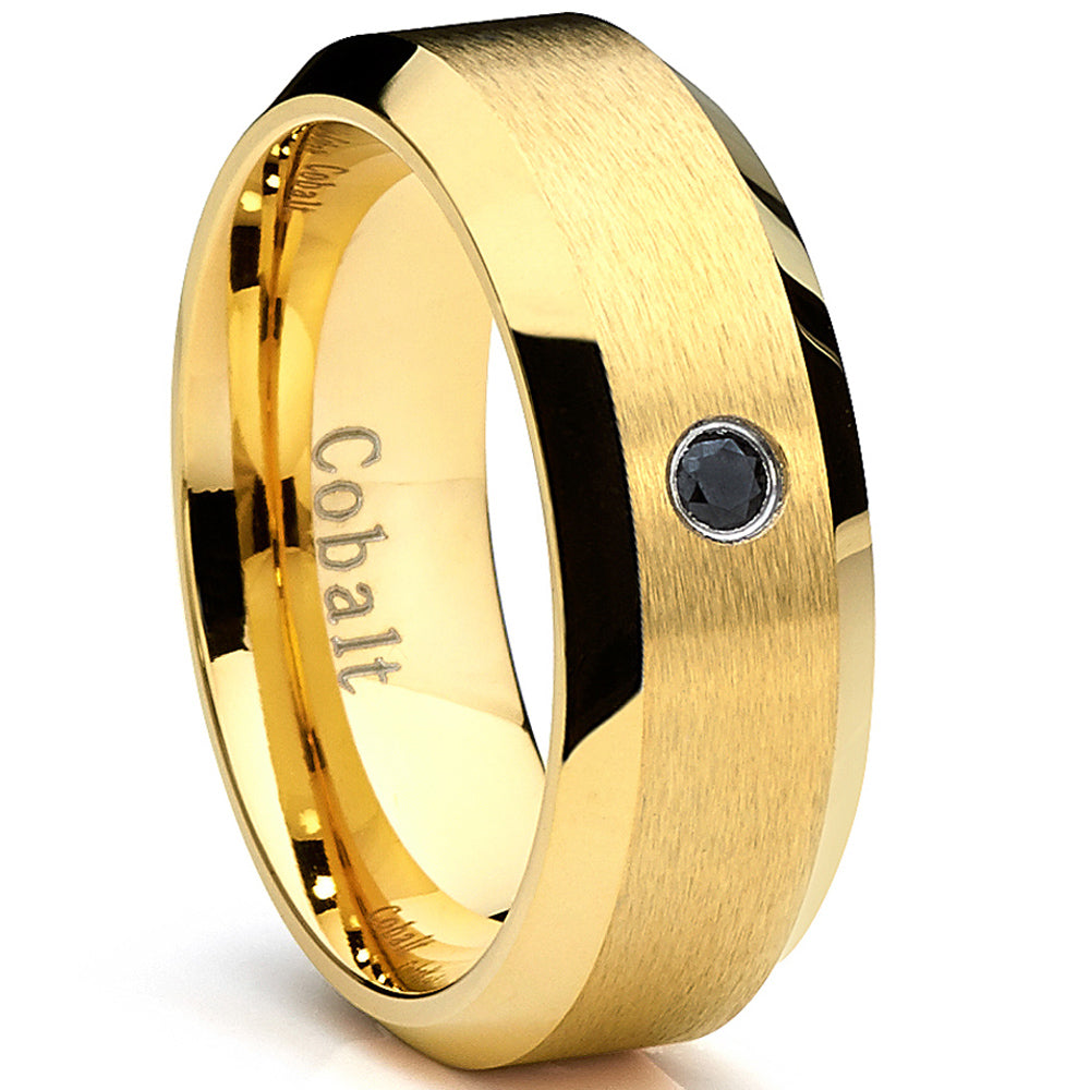 Goldtone Plated Cobalt Men's Brushed Wedding Band Ring with Black Diamond, Comfort Fit 8MM