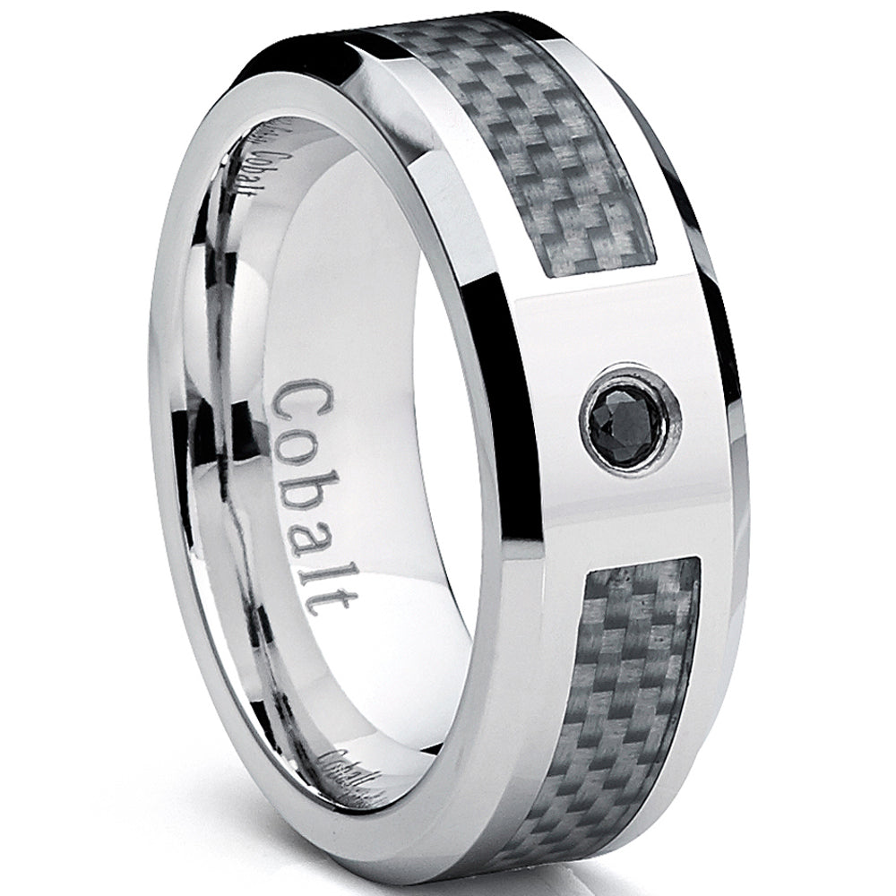 Cobalt Men's Wedding Band Ring with White Carbon Fiber Inlay and 0.04 Black Diamond, 8mm Sizes 8-12