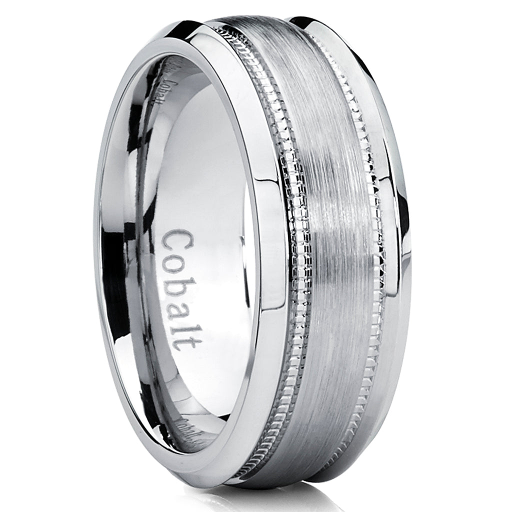 8MM Men's Cobalt Wedding Band, Brushed Milgrain Ring Comfort Fit 8mm