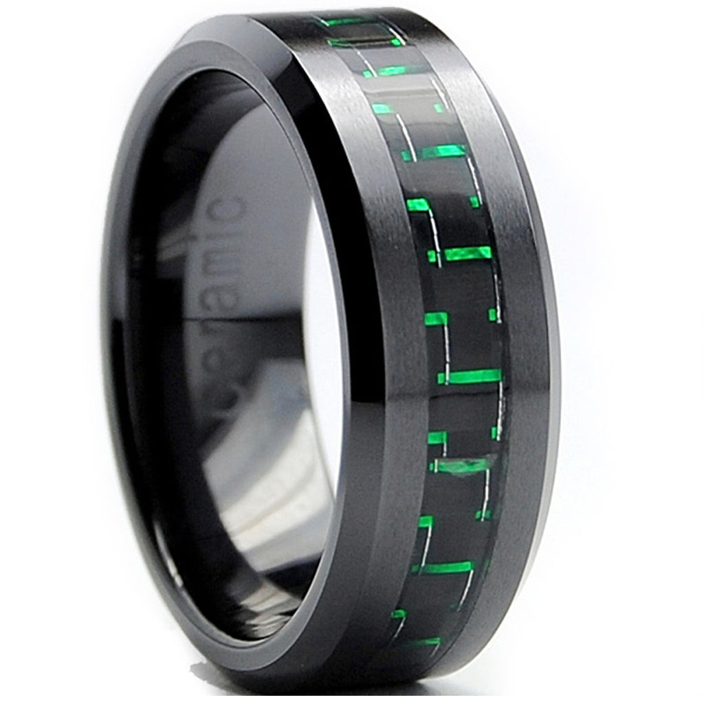8MM Flat Top Men's Black Ceramic Ring Wedding Band With Black & Green Carbon Fiber Inaly Sizes 5 to 15