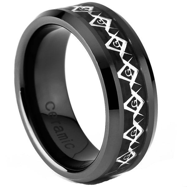 Black Ceramic Men's Masonic Symbol Over Cabron Fiber Ring, Comfort Fit Band, 8mm Sizes 8 to 13
