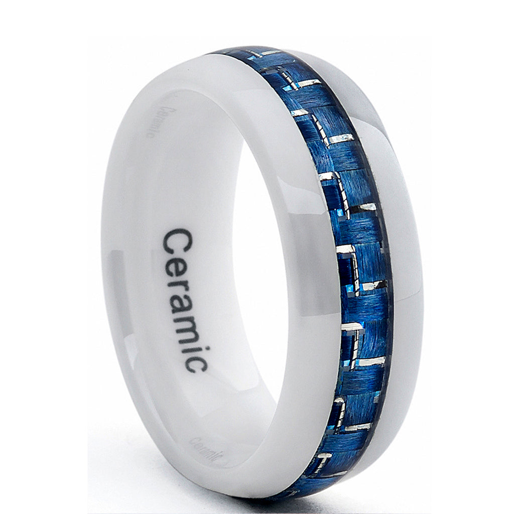 White Ceramic Men's Wedding Band With Blue Carbon Fiber Inlay, Comfort Fit Ring, 8mm Sizes 5 to 15