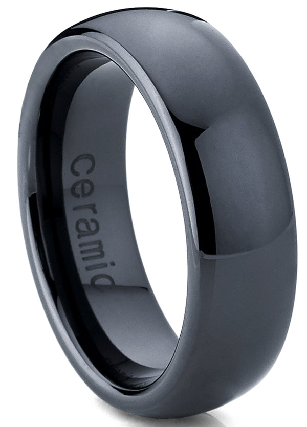 Black Dome Ceramic Men's Women's Unisex Wedding Band Engagement Ring 7mm Sizes 5-15
