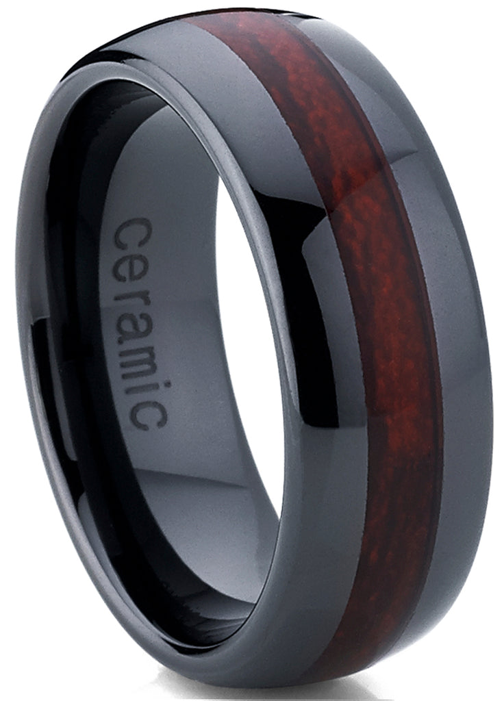 Men's Unisex Dome Black Ceramic Ring Wedding Band With Wood Simulant Inlay