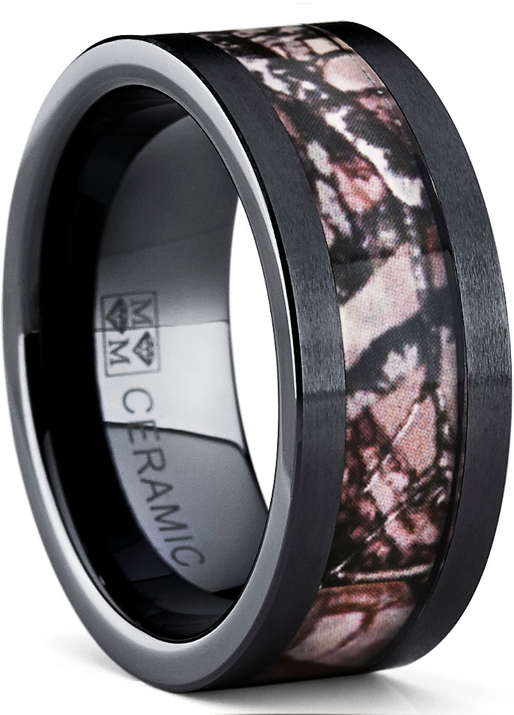 Men's Black Ceramic  Hunting Camo Ring with Real Forest Trees- Max Camo Wedding Band Ring (9MM)
