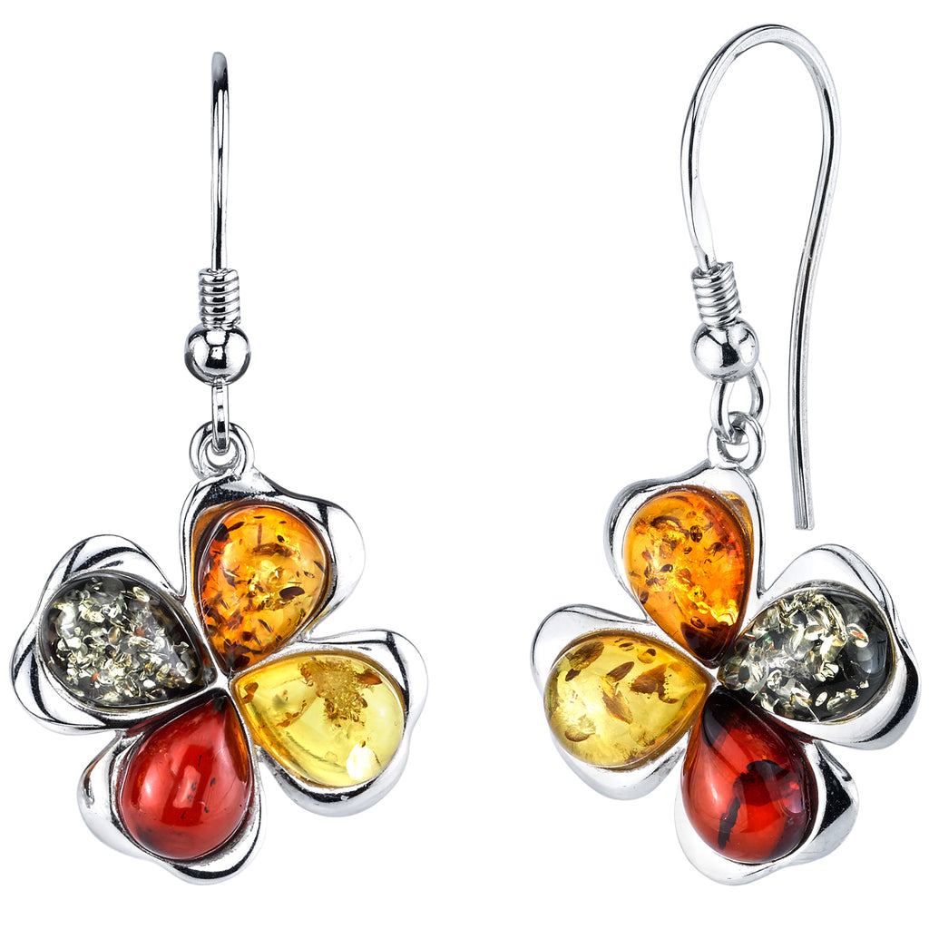 Sterling Silver Baltic Amber Clover Leaf Drop Dangle Earrings Multi-color