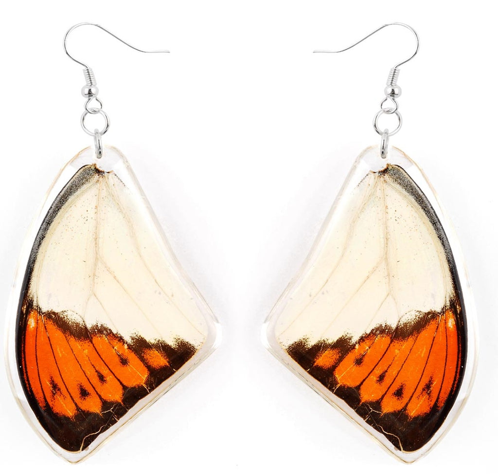 Handmade Sterling Silver Real Great Orange Tip Butterfly Wings Dangle Earrings