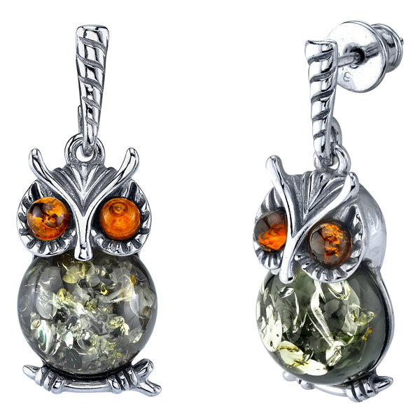 Sterling Silver Cogna Olive Green Baltic Amber Drop Dangle Owl Wisdom Earrings