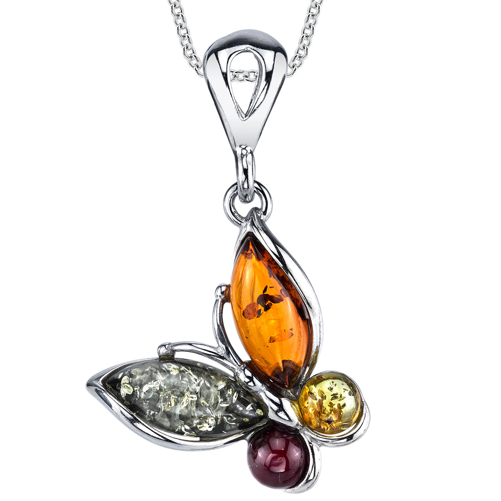 Sterling Silver Baltic Amber Butterfly Pendant Necklace 18" Free Rolo Chain