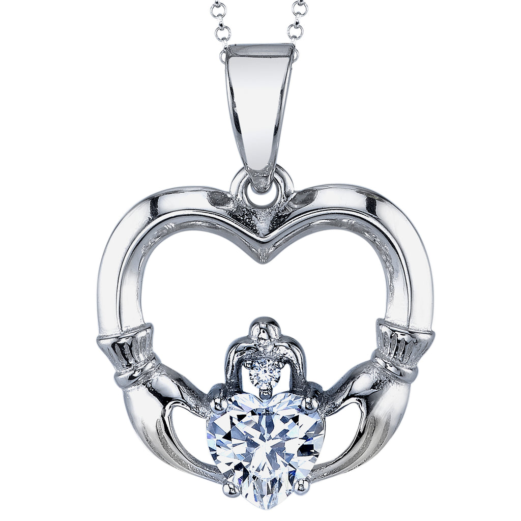 Sterling Silver Celtic Irish Love Heart Hand Claddagh CZ Pendant Necklace 18"