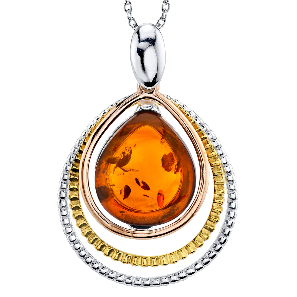 Tri-color Sterling Silver 925 Pear Baltic Amber Pendant Necklace 18" Rolo Chain