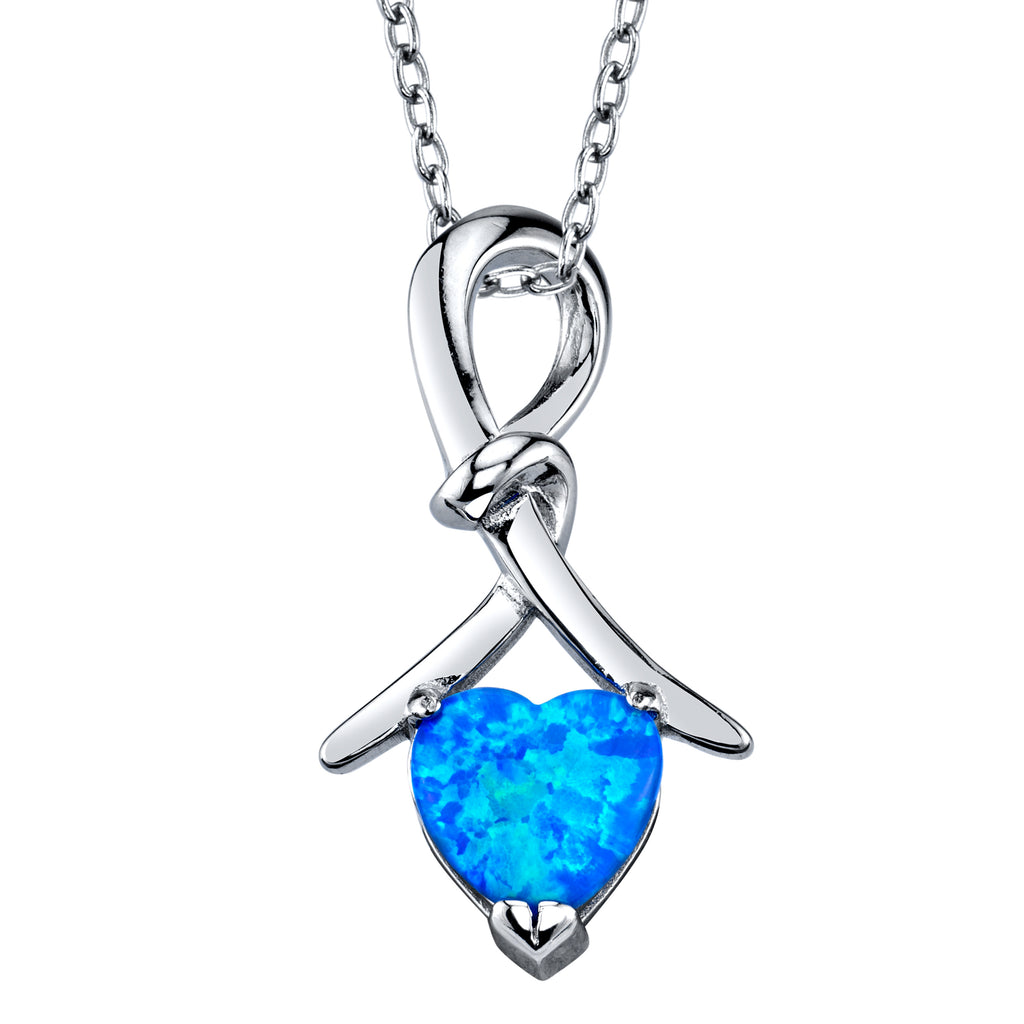 Sterling Silver 925 Heart Shape Blue Opal Pendant Necklace 18"
