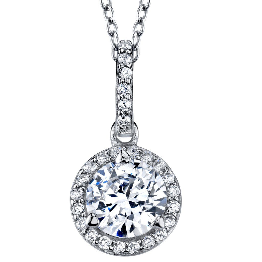Sterling Silver 925 Round Cubic Zirconia Pendant Halo Necklace 18" Rolo Chain