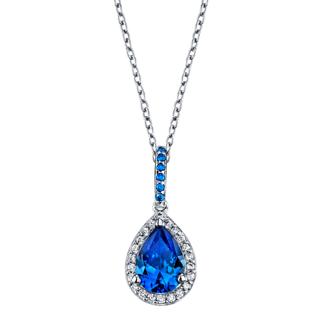 Sterling Silver 925 Pear Swiss Blue Topaz Cubic Zirconia Pendant Necklace 18"