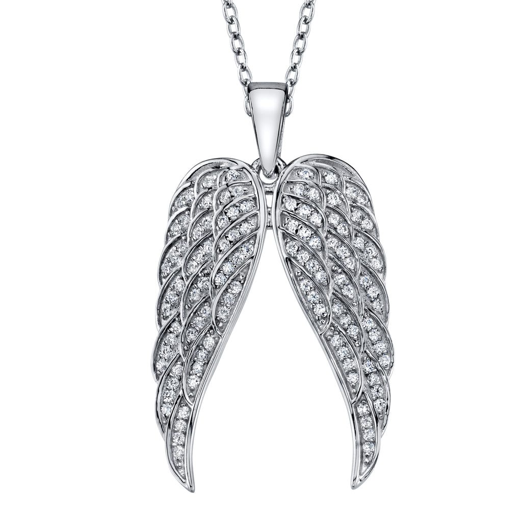 Sterling Silver 925 Angel Wings Pendant Cubic Zirconia Necklace 18"