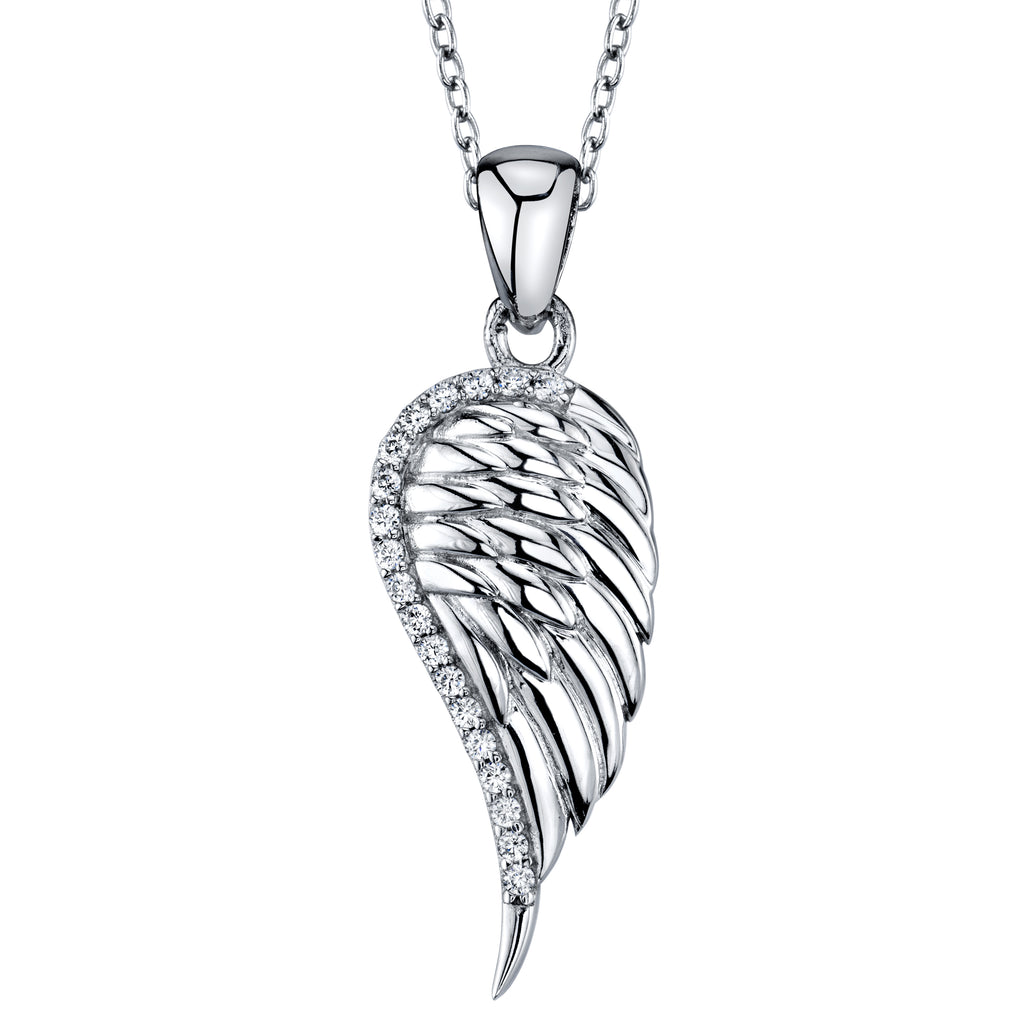 Sterling Silver 925 Carved Angel Wing Charm Pendant Cubic Zirconia Necklace 18"