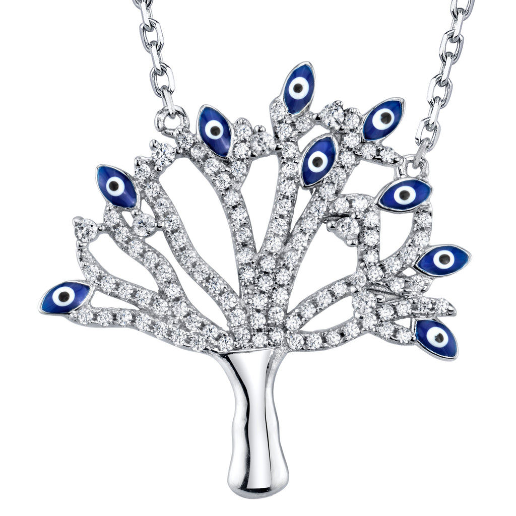Sterling Silver 925 Enamel Evil Eye Tree of Life Diamond Pendant Necklace 16-18"
