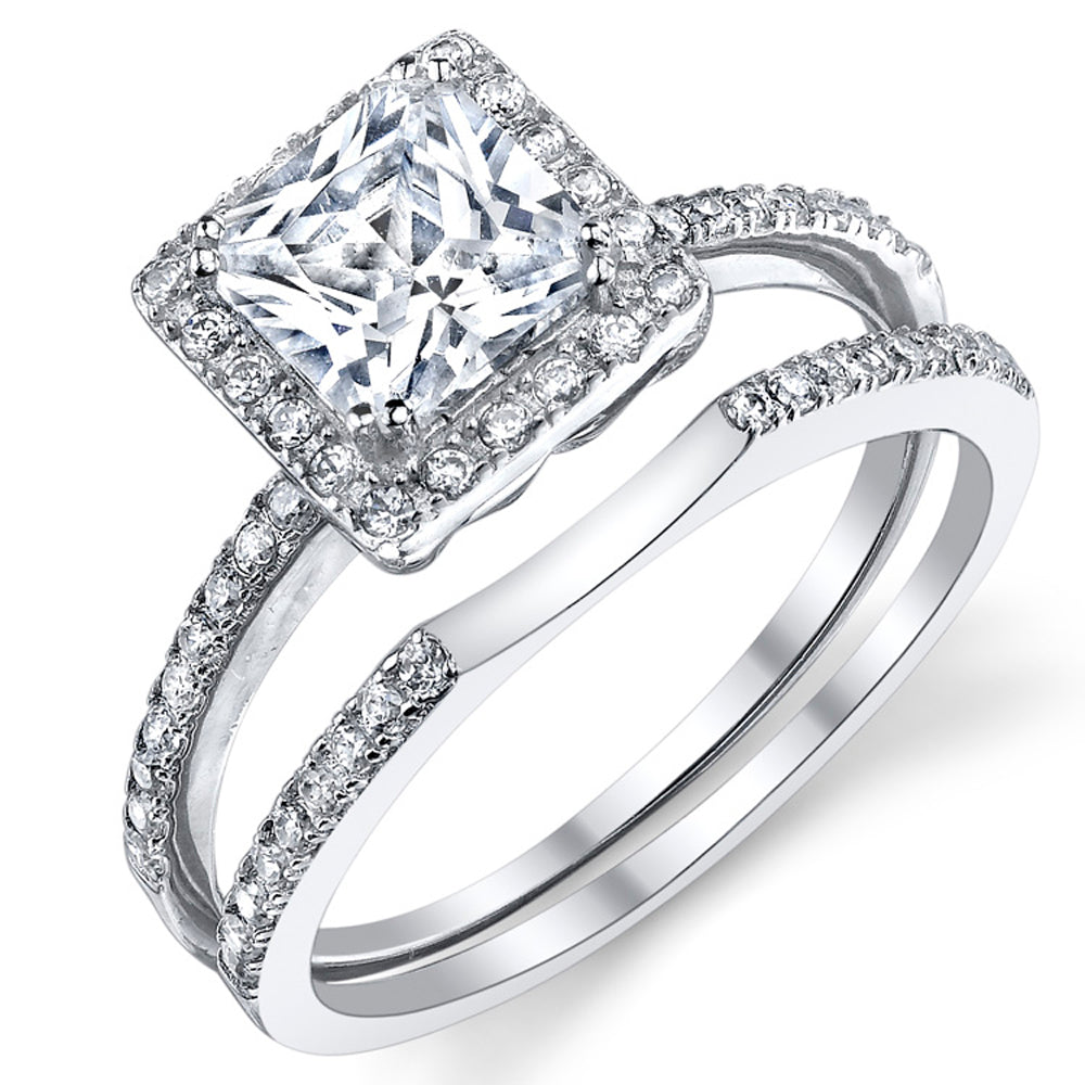 Women's Beautiful 1.25 Carat Princess Cut Micro Pave Sterling Silver Wedding Engagement Ring Set Cubic Zirconia