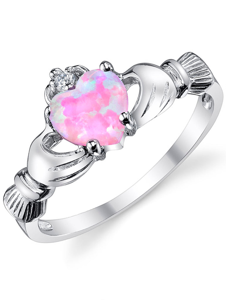 Women's Sterling Silver 925 Irish Claddagh Friendship Love Ring Pink Simulated Opal Heart