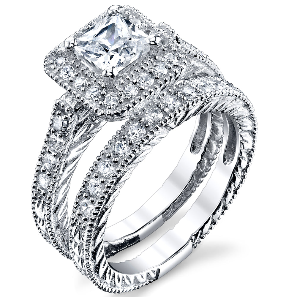Women's Princess Cut Designer inspired Carved Sterling Silver Engagement Ring Wedding Bridal Set Cubic Zirconia